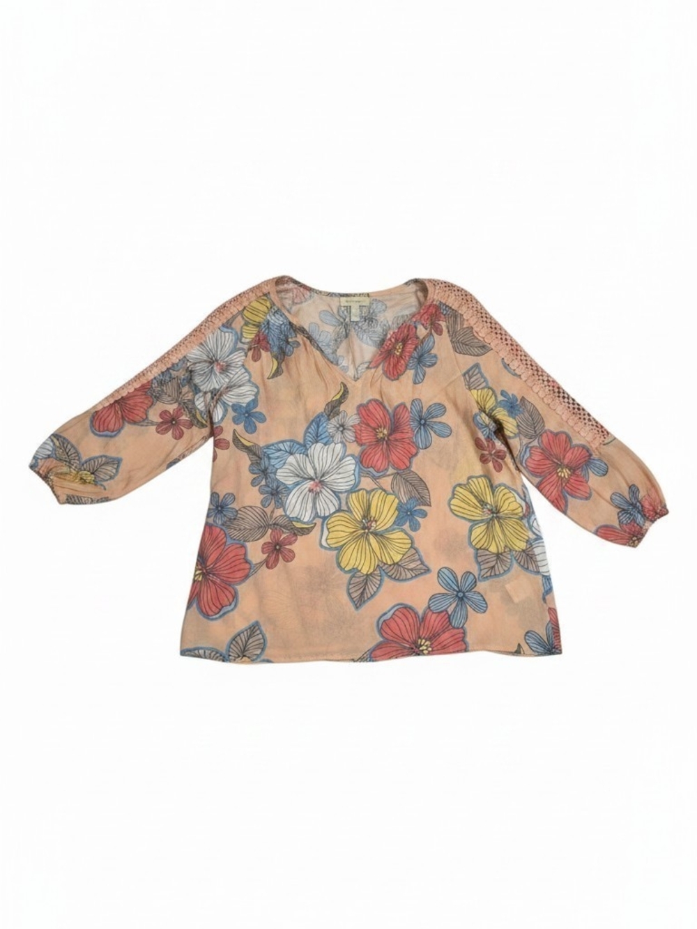 Floral Peasant Blouse in Peach with Multicolor Blooms